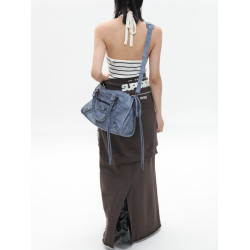 簡著 /限定牛仔藍·巴黎鉚釘辣妹機車包 復古通勤單肩手提斜後後背包