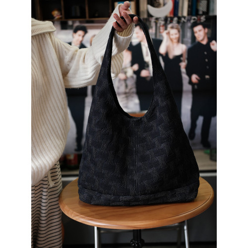 氣質深藍黑重工褶皺牛仔時尚單肩腋下帆布包hobo流浪包大容量包包