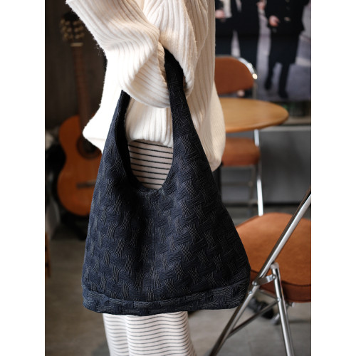 氣質深藍黑重工褶皺牛仔時尚單肩腋下帆布包hobo流浪包大容量包包