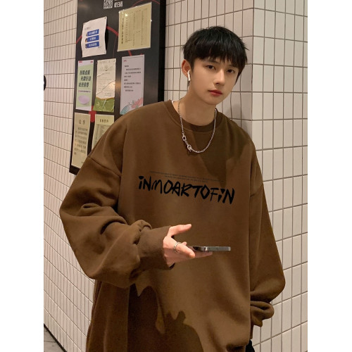 港風美式復古100%純棉圓領衛衣春秋新款韓版寬鬆百搭潮牌加絨男裝