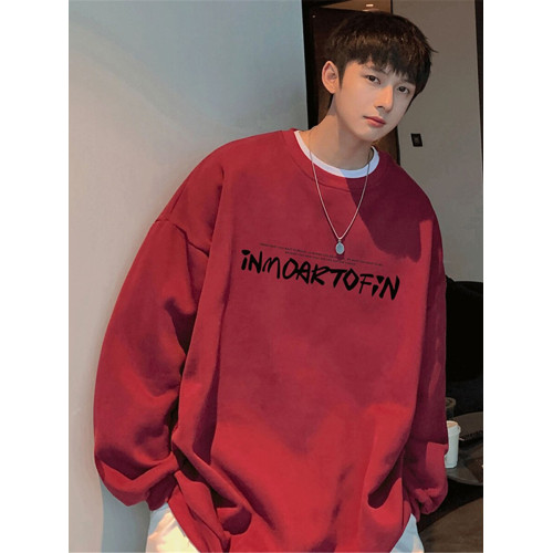 港風美式復古100%純棉圓領衛衣春秋新款韓版寬鬆百搭潮牌加絨男裝