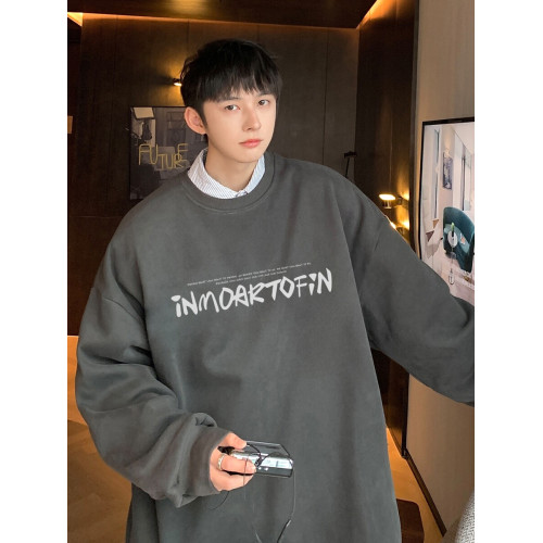 港風美式復古100%純棉圓領衛衣春秋新款韓版寬鬆百搭潮牌加絨男裝