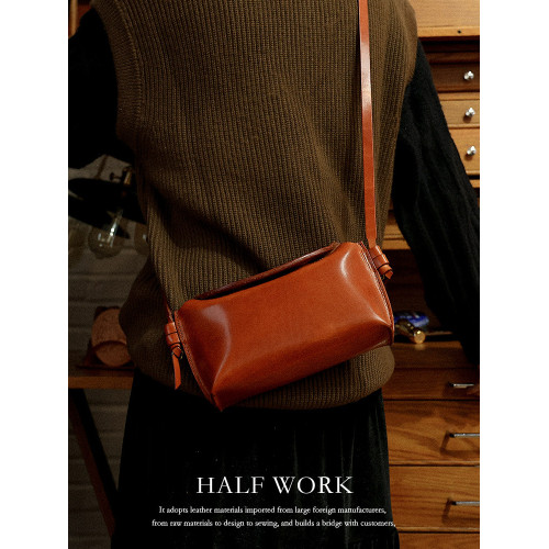 HALF WORK 頭層牛皮手工復古包包女小衆設計真皮磁釦單肩斜後後背包