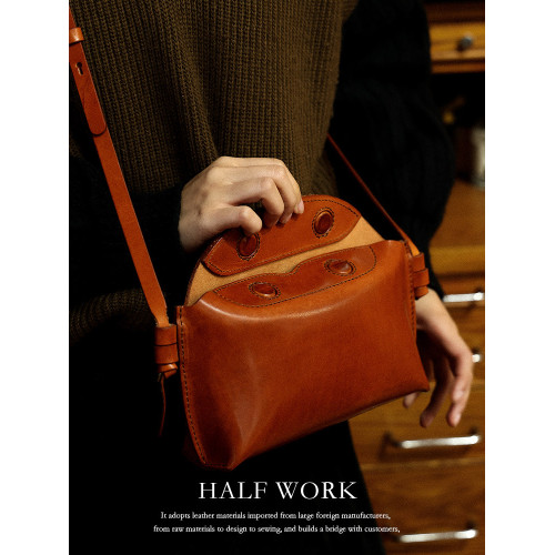 HALF WORK 頭層牛皮手工復古包包女小衆設計真皮磁釦單肩斜後後背包