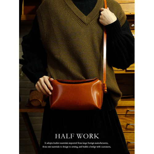 HALF WORK 頭層牛皮手工復古包包女小衆設計真皮磁釦單肩斜後後背包
