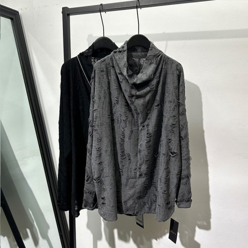 暗黑系廢土風做舊寬鬆破洞高領衛衣復古流行鏤空設計感乞丐T恤潮