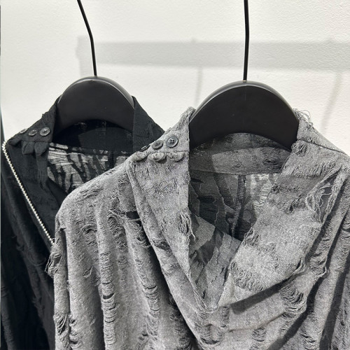 暗黑系廢土風做舊寬鬆破洞高領衛衣復古流行鏤空設計感乞丐T恤潮