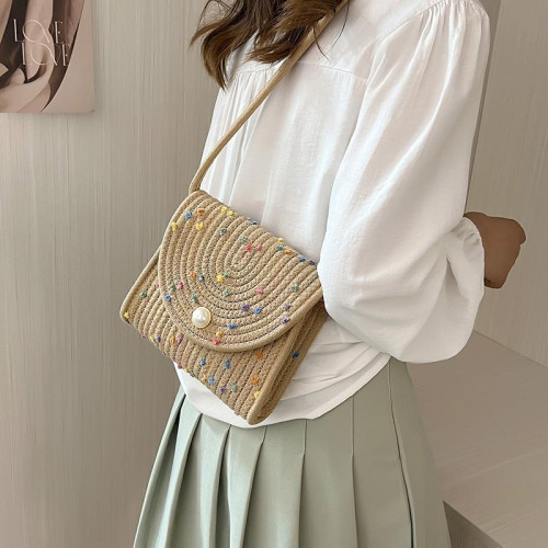 編織新款夏季手工棉繩編織包少女甜美編製珍珠信封包潮斜背小包包 編織新款夏季手工棉繩編織包少女甜美編製珍珠信封包潮斜背小包包