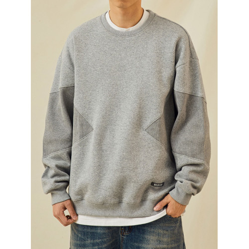 日系復古羅紋拼接圓領重磅衛衣男女春秋季潮牌寬鬆情侶套頭衫外套