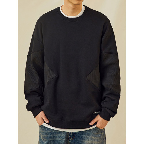 日系復古羅紋拼接圓領重磅衛衣男女春秋季潮牌寬鬆情侶套頭衫外套