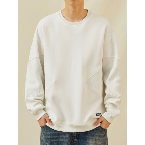 日系復古羅紋拼接圓領重磅衛衣男女春秋季潮牌寬鬆情侶套頭衫外套