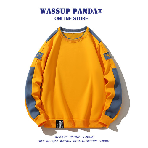 WASSUP PANDA春秋季撞色圓領衛衣男2025新款寬鬆百搭長袖T恤上衣