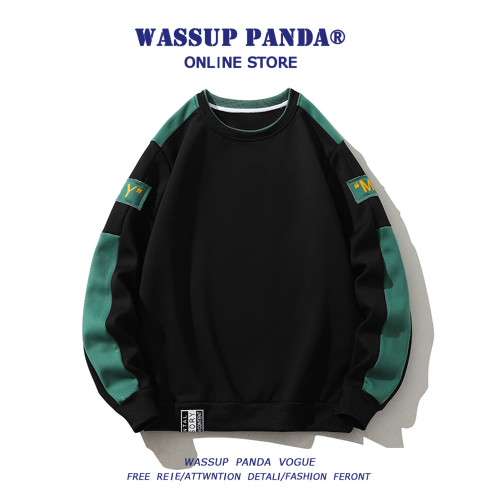 WASSUP PANDA春秋季撞色圓領衛衣男2025新款寬鬆百搭長袖T恤上衣