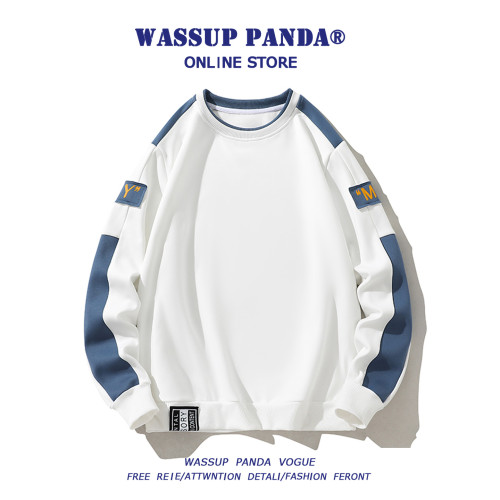 WASSUP PANDA春秋季撞色圓領衛衣男2025新款寬鬆百搭長袖T恤上衣