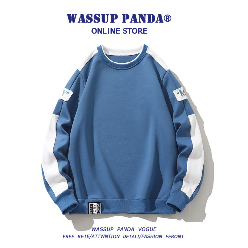 WASSUP PANDA春秋季撞色圓領衛衣男2025新款寬鬆百搭長袖T恤上衣
