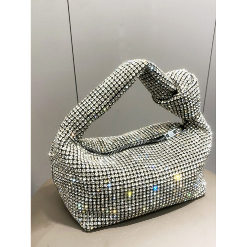 菜籃子水鑽包水桶包包女新款鑲鑽晚宴包手提斜背手拎包銀色粉