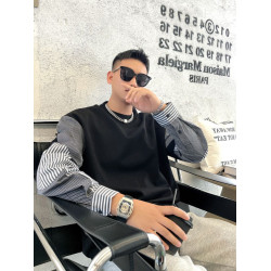 大碼男裝拼接衛衣新款2-300斤圓領條紋襯衫袖上衣青年休閒衛衣潮