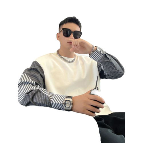 大碼男裝拼接衛衣新款2-300斤圓領條紋襯衫袖上衣青年休閒衛衣潮