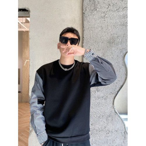 大碼男裝拼接衛衣新款2-300斤圓領條紋襯衫袖上衣青年休閒衛衣潮