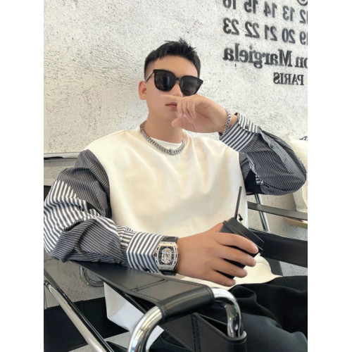 大碼男裝拼接衛衣新款2-300斤圓領條紋襯衫袖上衣青年休閒衛衣潮