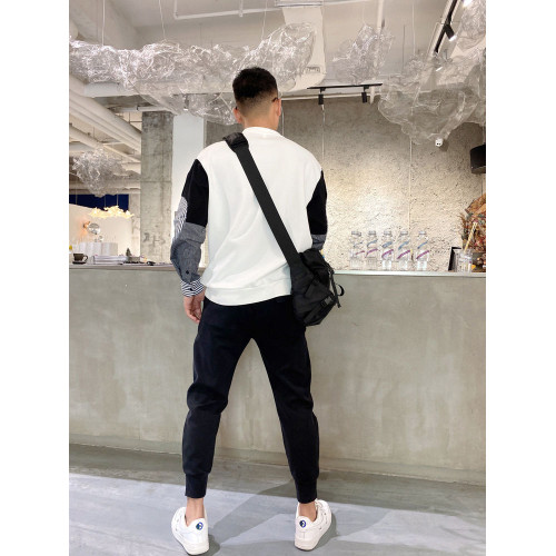 大碼男裝拼接衛衣新款2-300斤圓領條紋襯衫袖上衣青年休閒衛衣潮