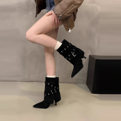 真皮復古鉚釘氣質褲琯靴尖頭細跟顯瘦遮肉短靴女皮帶釦百搭時裝靴