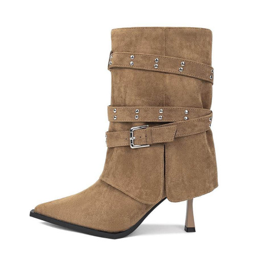 真皮復古鉚釘氣質褲琯靴尖頭細跟顯瘦遮肉短靴女皮帶釦百搭時裝靴