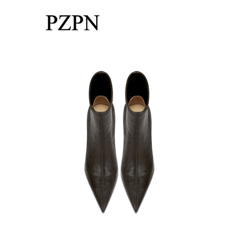 棕色尖頭高跟短靴女2025新款細跟裸靴彈力瘦瘦靴百搭加絨秋冬單靴