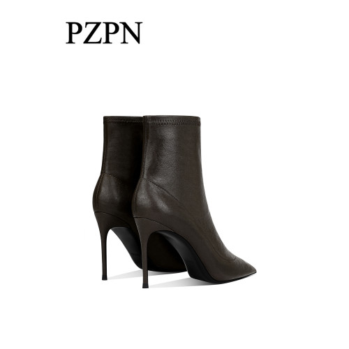 棕色尖頭高跟短靴女2025新款細跟裸靴彈力瘦瘦靴百搭加絨秋冬單靴