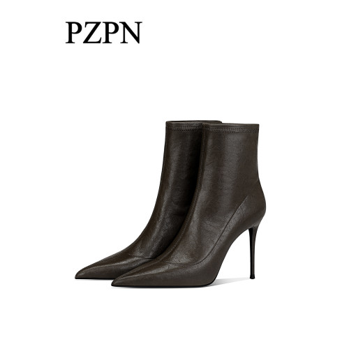 棕色尖頭高跟短靴女2025新款細跟裸靴彈力瘦瘦靴百搭加絨秋冬單靴