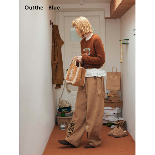 Outthe BLue原創圖案“四方來財貓”麂皮羊羔毛一體小方包手挎包