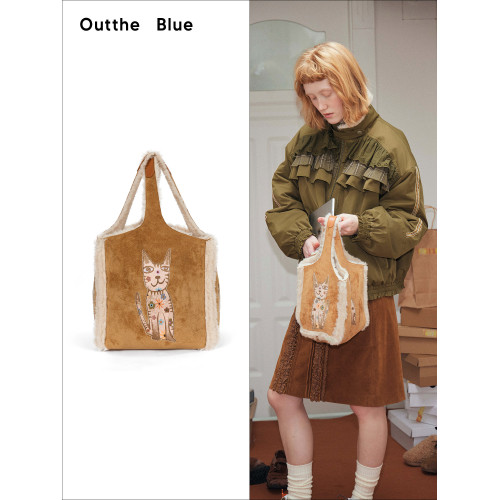 Outthe BLue原創圖案“四方來財貓”麂皮羊羔毛一體小方包手挎包