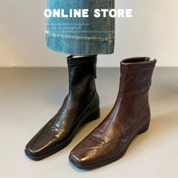 方頭氣質小短靴爆款粗跟加絨內增高瘦瘦靴真皮秋冬靴子2026年新款