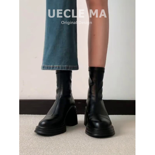 真皮~增高厚底短靴女秋冬款馬丁靴小個子高跟鞋粗跟巨好看瘦瘦靴