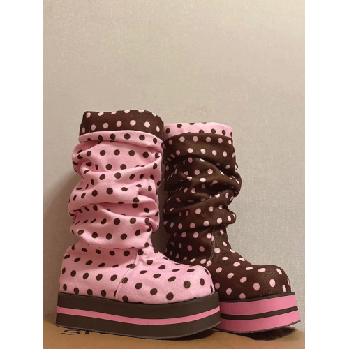 萌靴~巧克力粉色波點松糕厚底褶皺中筒堆堆靴可愛甜妹小個子短靴
