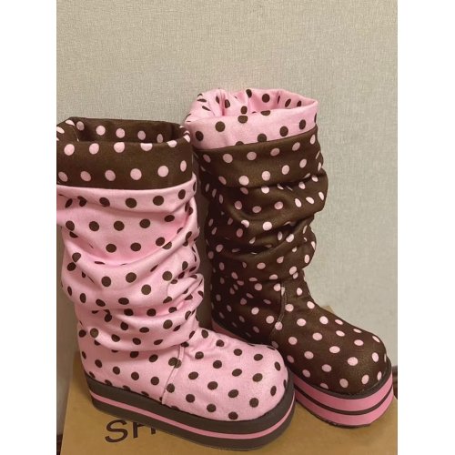 萌靴~巧克力粉色波點松糕厚底褶皺中筒堆堆靴可愛甜妹小個子短靴