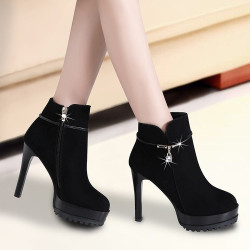 防水台女鞋新款皮面靴子女春秋冬季女靴拉鍊細跟高跟鞋短筒馬丁靴