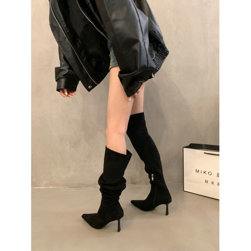 尖頭高跟過膝長靴女2025新款秋季法式卡其色細跟褶皺堆堆靴騎士靴