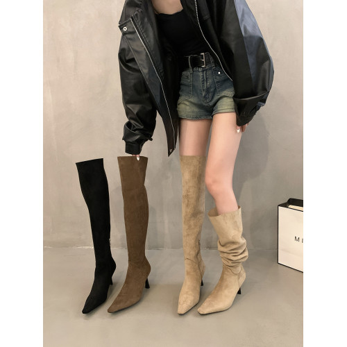 尖頭高跟過膝長靴女2025新款秋季法式卡其色細跟褶皺堆堆靴騎士靴