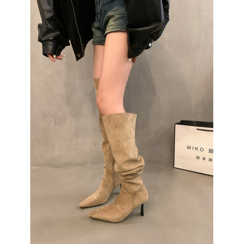 尖頭高跟過膝長靴女2025新款秋季法式卡其色細跟褶皺堆堆靴騎士靴