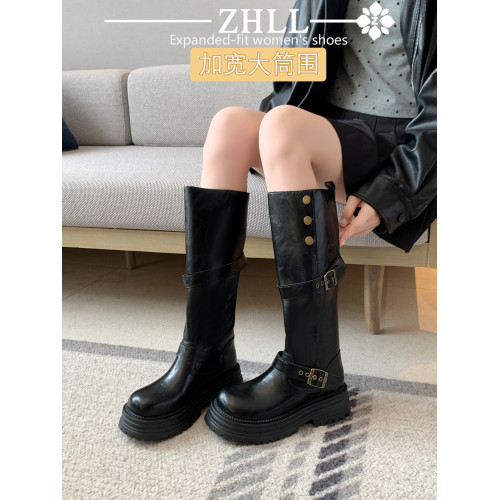 靴子胖mm粗腿大筒圍長筒靴黑色高筒靴厚底騎士靴新款加寬大碼女鞋