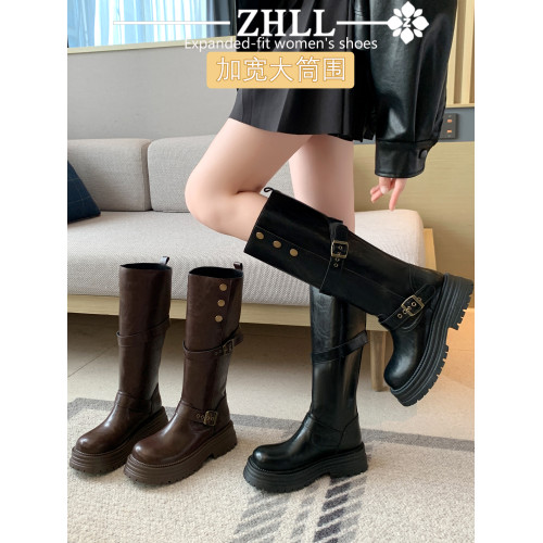 靴子胖mm粗腿大筒圍長筒靴黑色高筒靴厚底騎士靴新款加寬大碼女鞋