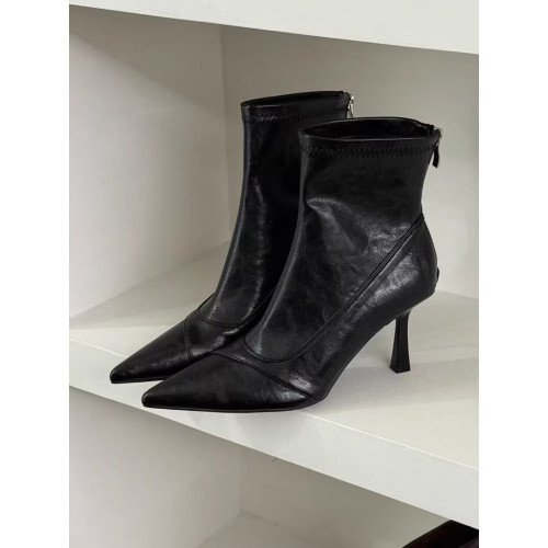 尖頭短靴女高跟細跟法式後拉鍊復古冬季百搭拼接瘦瘦靴顯瘦彈力靴