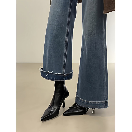 尖頭短靴女高跟細跟法式後拉鍊復古冬季百搭拼接瘦瘦靴顯瘦彈力靴