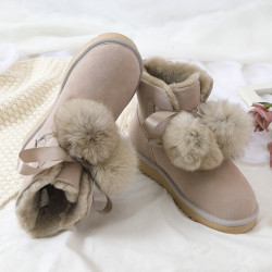 baby同款真皮狐狸毛球皮毛一體雪地靴女牛皮加厚絨可愛短靴棉鞋