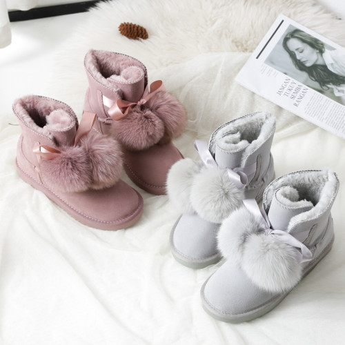 baby同款真皮狐狸毛球皮毛一體雪地靴女牛皮加厚絨可愛短靴棉鞋