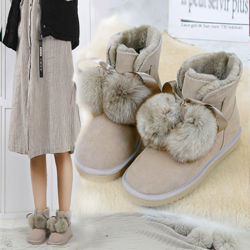 baby同款真皮狐狸毛球皮毛一體雪地靴女牛皮加厚絨可愛短靴棉鞋