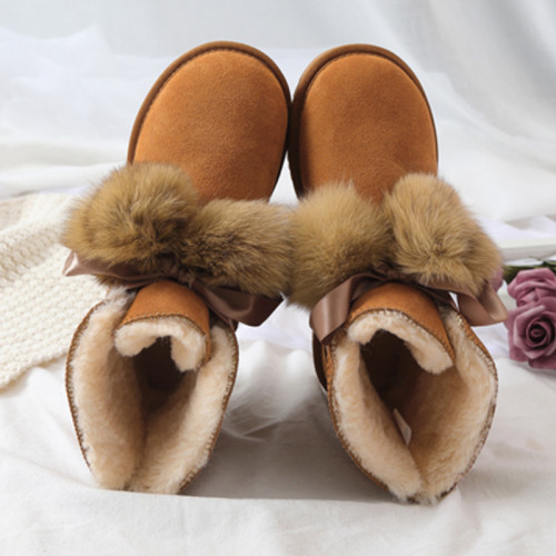 baby同款真皮狐狸毛球皮毛一體雪地靴女牛皮加厚絨可愛短靴棉鞋