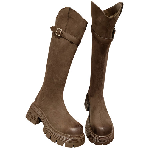 絨面復古V口高筒靴女2026年新款英倫風厚底圓頭顯瘦不過膝長筒靴