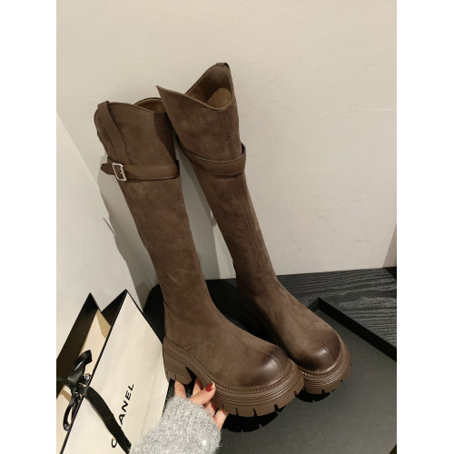 絨面復古V口高筒靴女2026年新款英倫風厚底圓頭顯瘦不過膝長筒靴